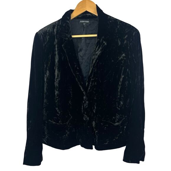 Eileen Fisher Black Crushed Velvet Silk Blended Blazer Jacket Size L - Picture 1 of 8